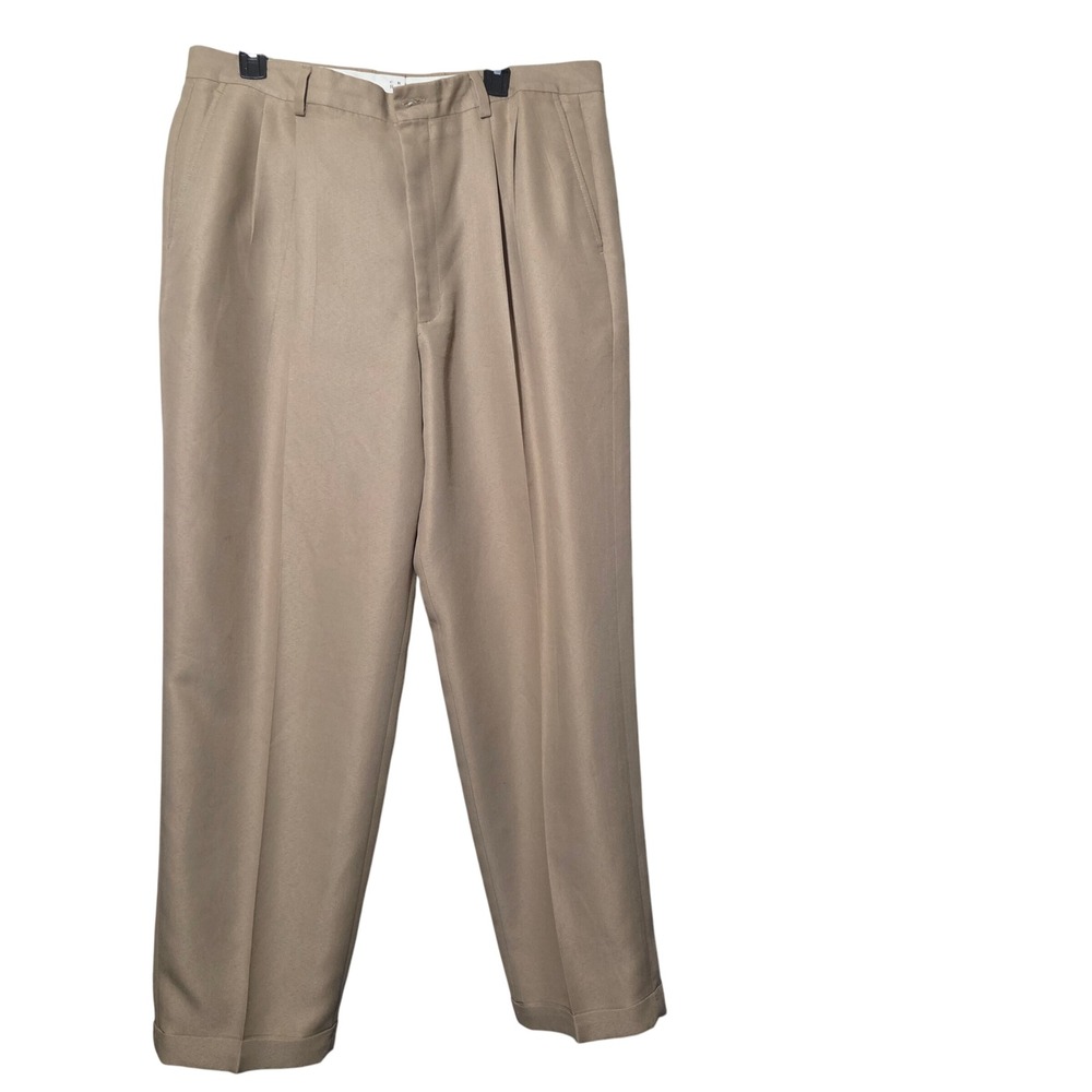 Crazy Horse Mens Tan Pleated Dress Khaki Cuffed Classic Fit Trousers Old Money - Picture 6 of 7